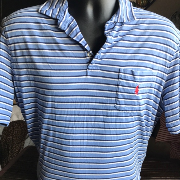 🚨B2G1 POLO RALPH LAUREN Baby Blue Dark Blue White Striped Short Sleeve Polo Top - Picture 2 of 4